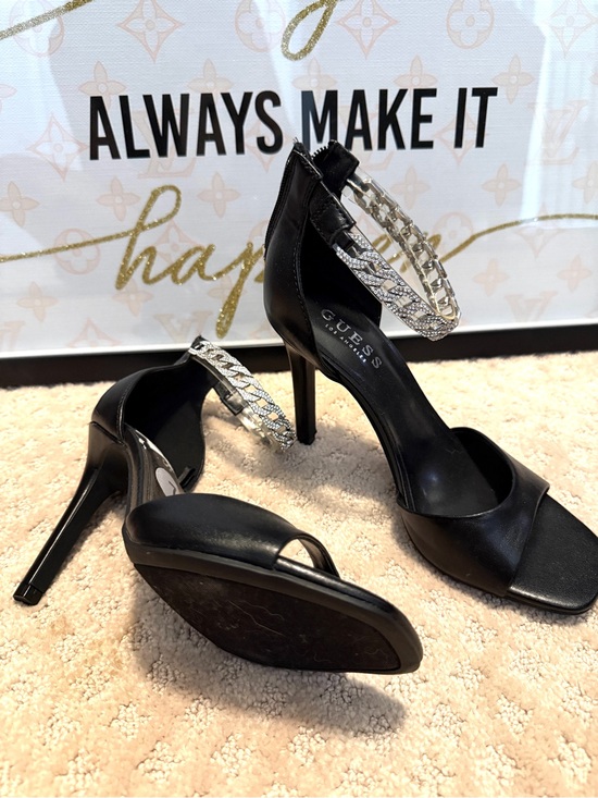 Guess Shoes - GUESS Black Heeled Sandals with Crystal Chain Anklets